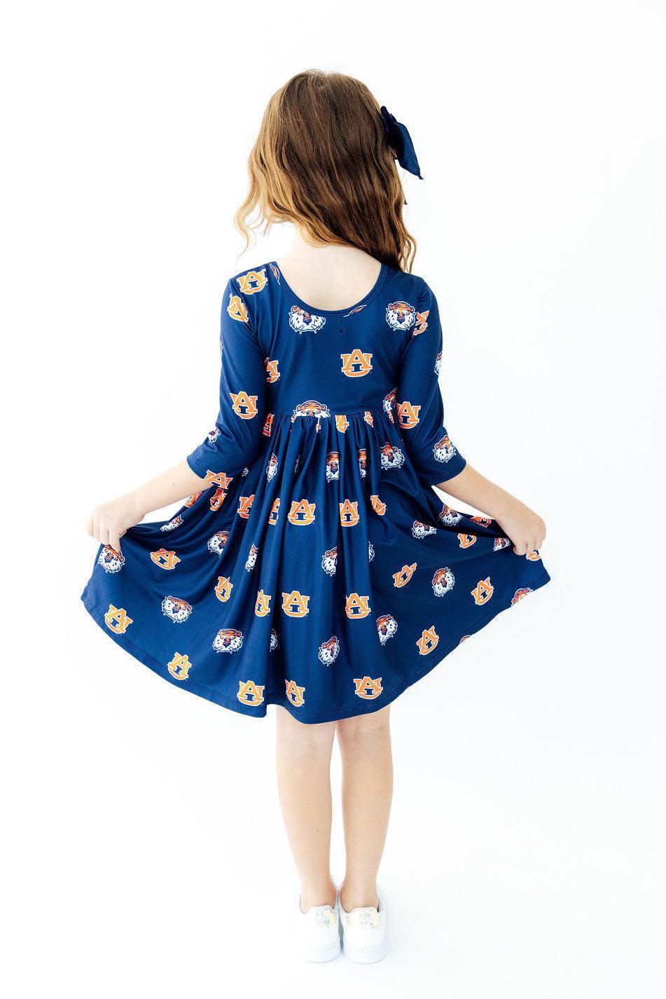 Auburn Blue Aubie 3/4 Sleeve Pocket Twirl Dress
