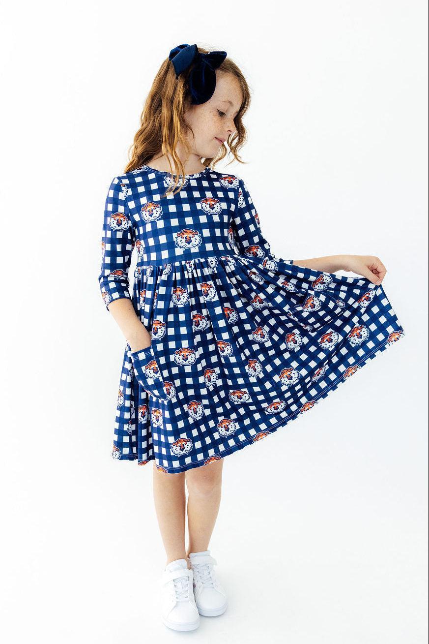 Auburn Plaid Aubie 3/4 Sleeve Pocket Twirl Dress