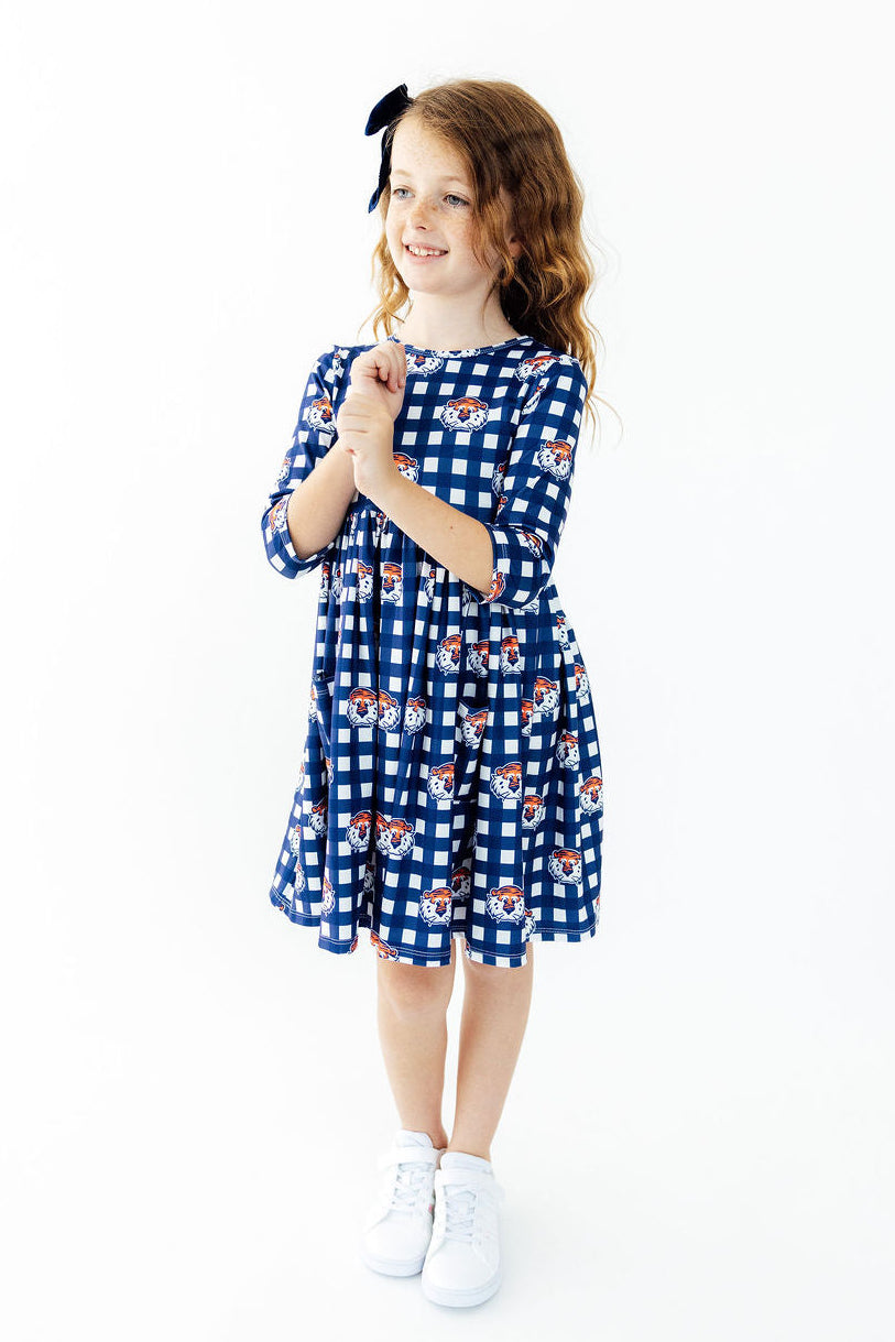 Auburn Plaid Aubie 3/4 Sleeve Pocket Twirl Dress