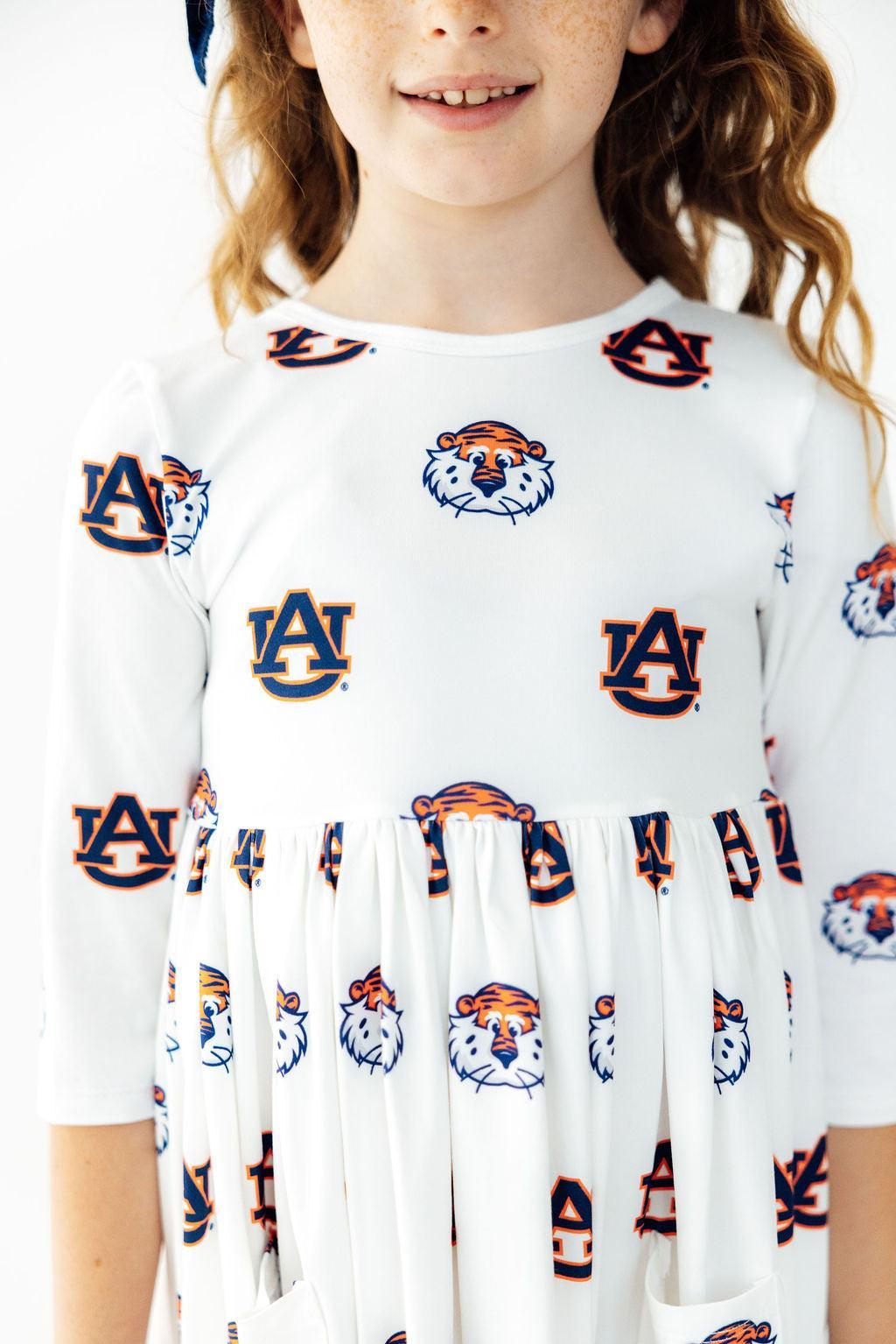 Auburn White Aubie 3/4 Sleeve Pocket Twirl Dress