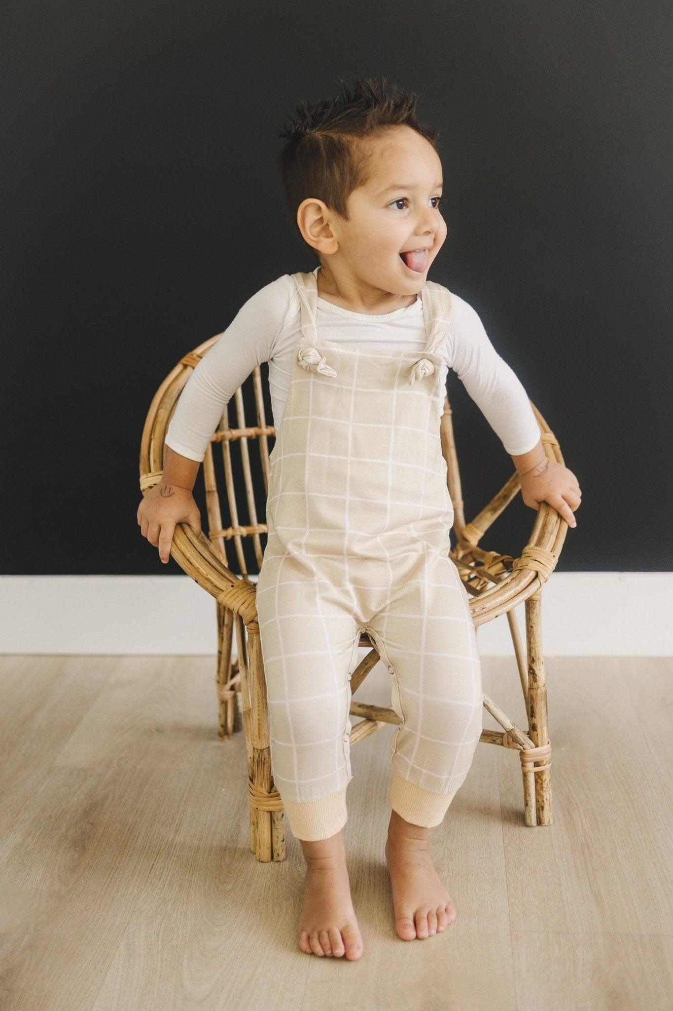 Neutral Plaid Bamboo Knotted Overalls