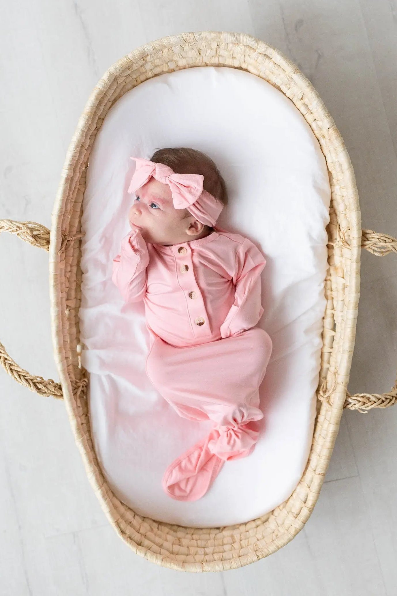 Newborn Knotted Baby Gown and Hat Set with Headband - Pink