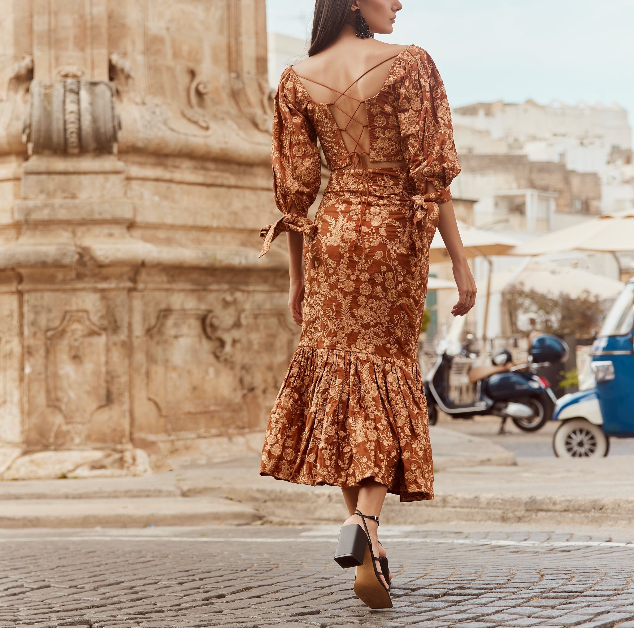Mary Embroidered Fluted Skirt - Copper/Copper lurex embroidery