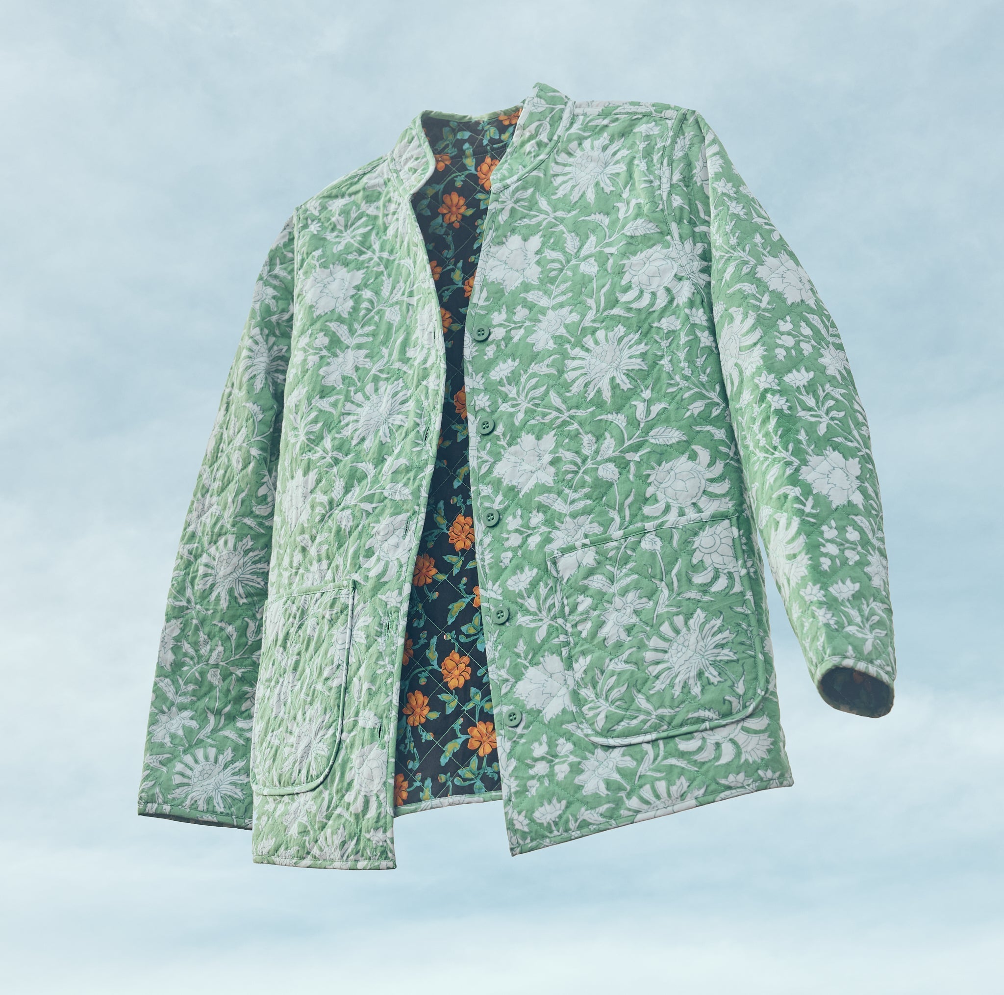 Nancy Reversible Quilted Jacket - Fern/Ivory Floral & Faded Black/Bright Clementine/Moss Floral Prints