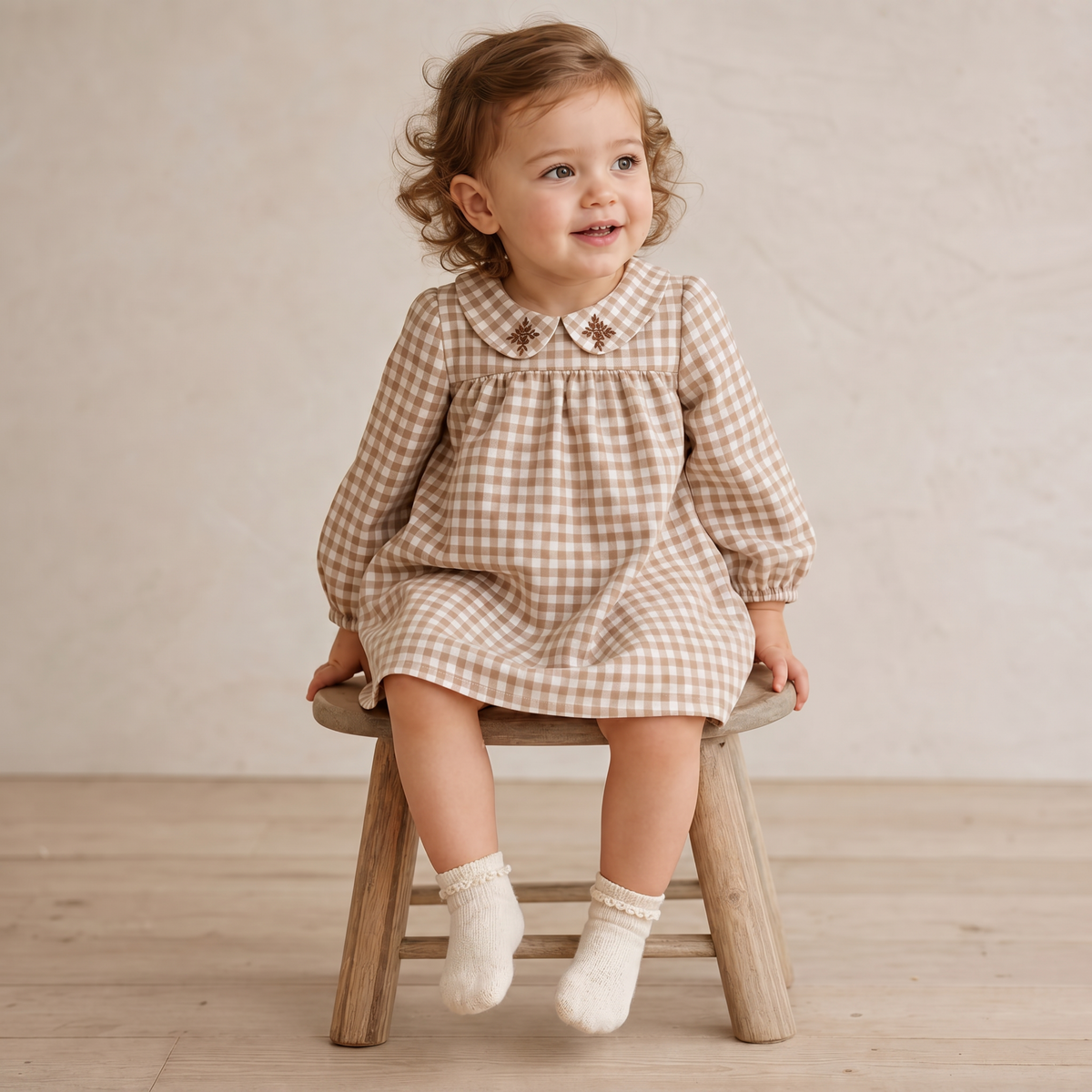 Organic Peter Pan Collar Dress - Oat Gingham