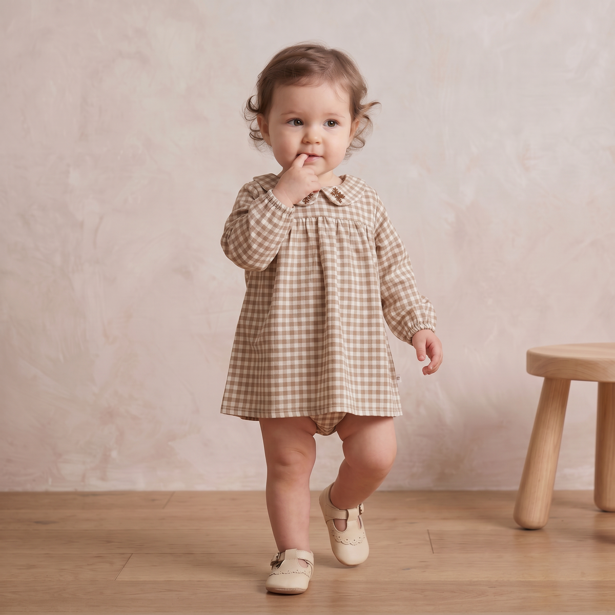 Organic Peter Pan Collar Dress - Oat Gingham