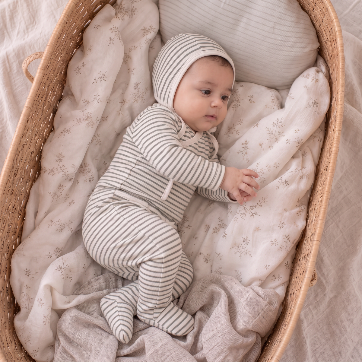 Organic Kimono Top & Footed Pants Set - Olive Stripes