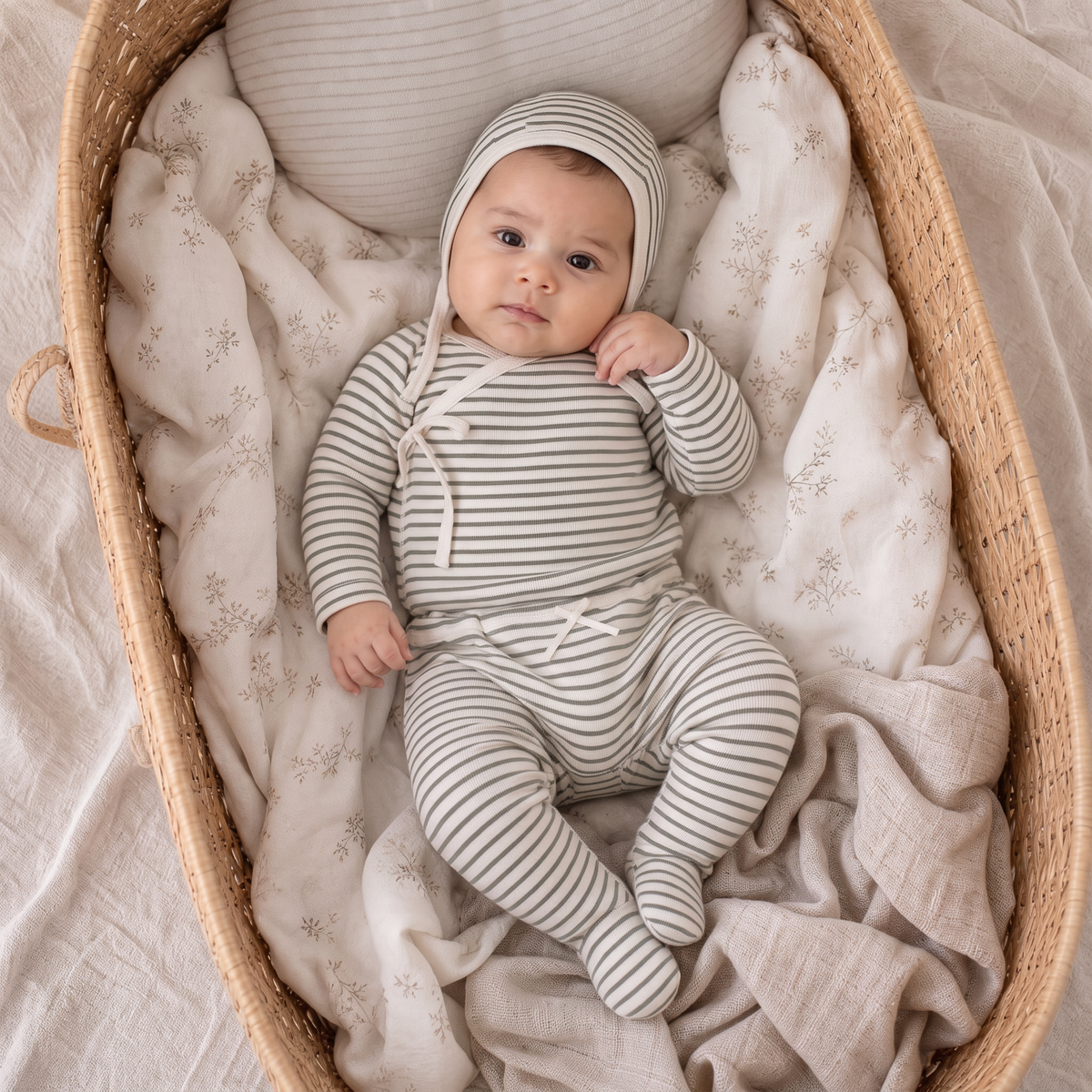 Organic Kimono Top & Footed Pants Set - Olive Stripes