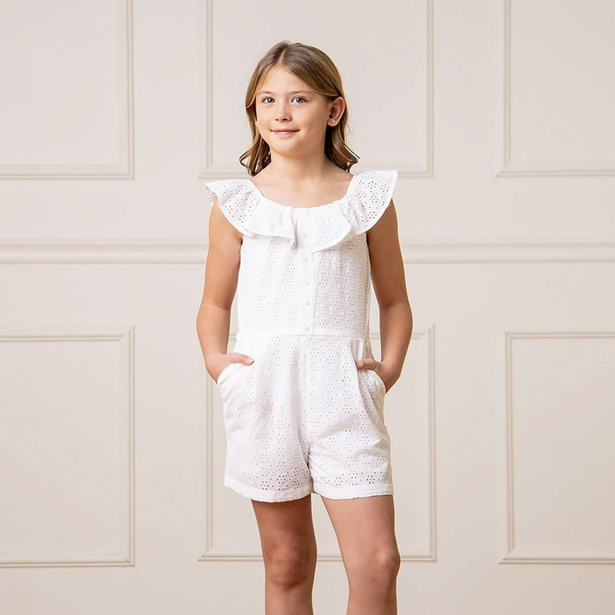 Organic Eyelet Ruffle Romper - White Eyelet