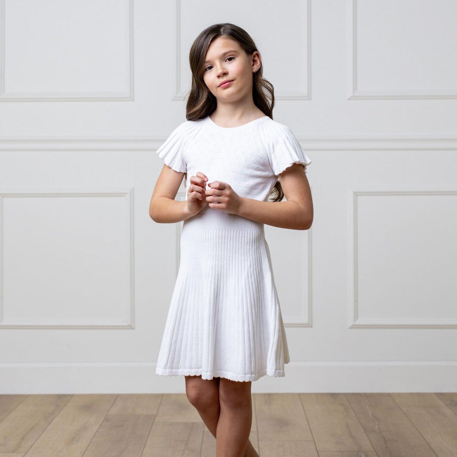 Organic Flutter Sleeve Sweater Dress - White Diamond Pointelle