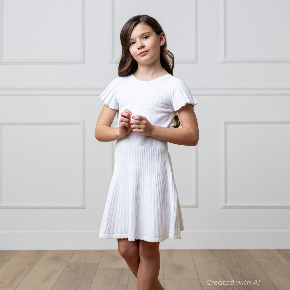 Organic Flutter Sleeve Sweater Dress - White Diamond Pointelle