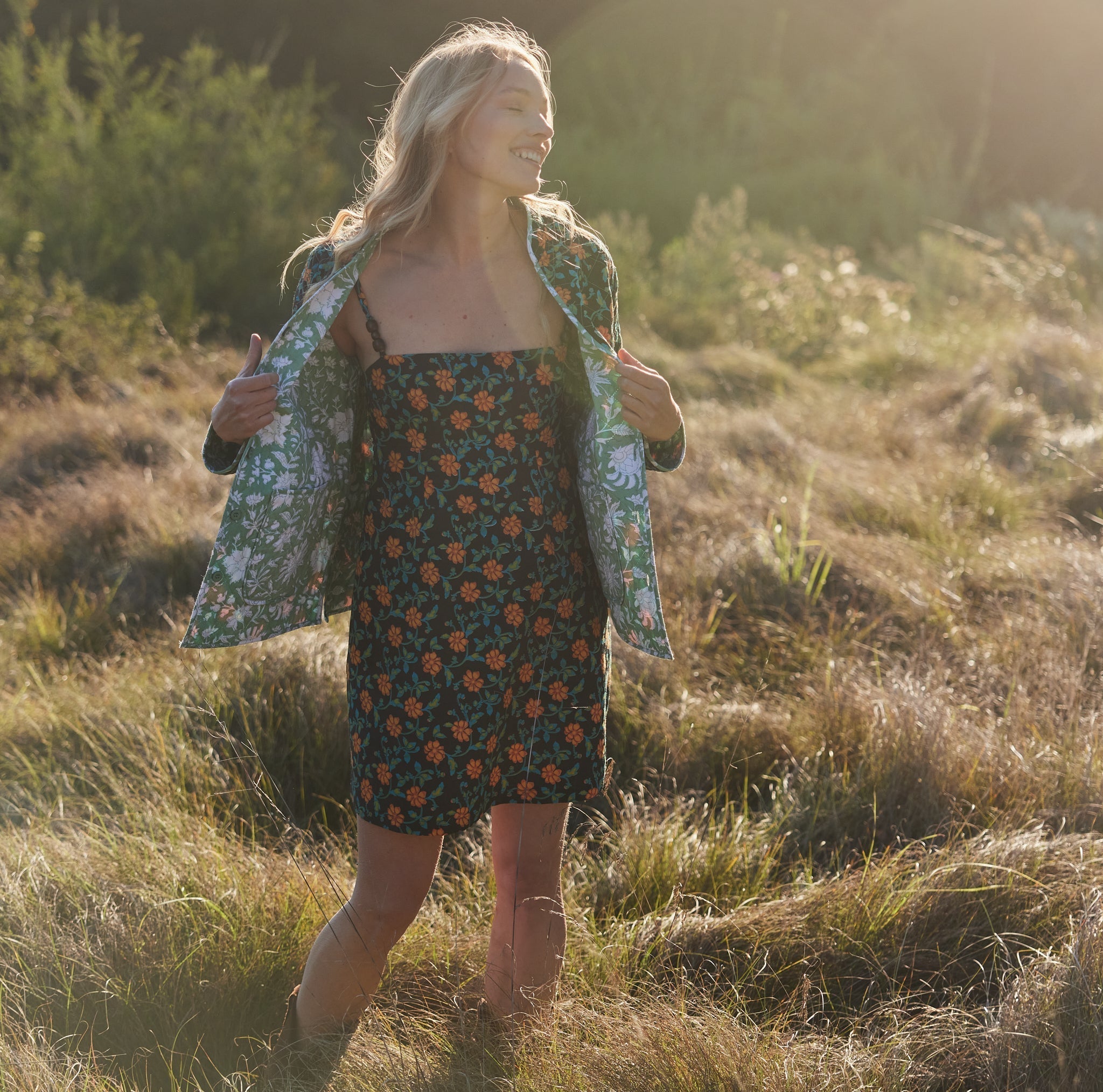 Nancy Reversible Quilted Jacket - Fern/Ivory Floral & Faded Black/Bright Clementine/Moss Floral Prints