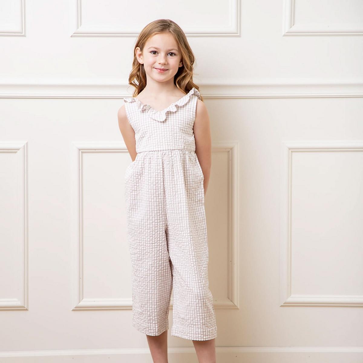 Ruffle Neck Organic Jumpsuit - Taupe Gingham Seersucker