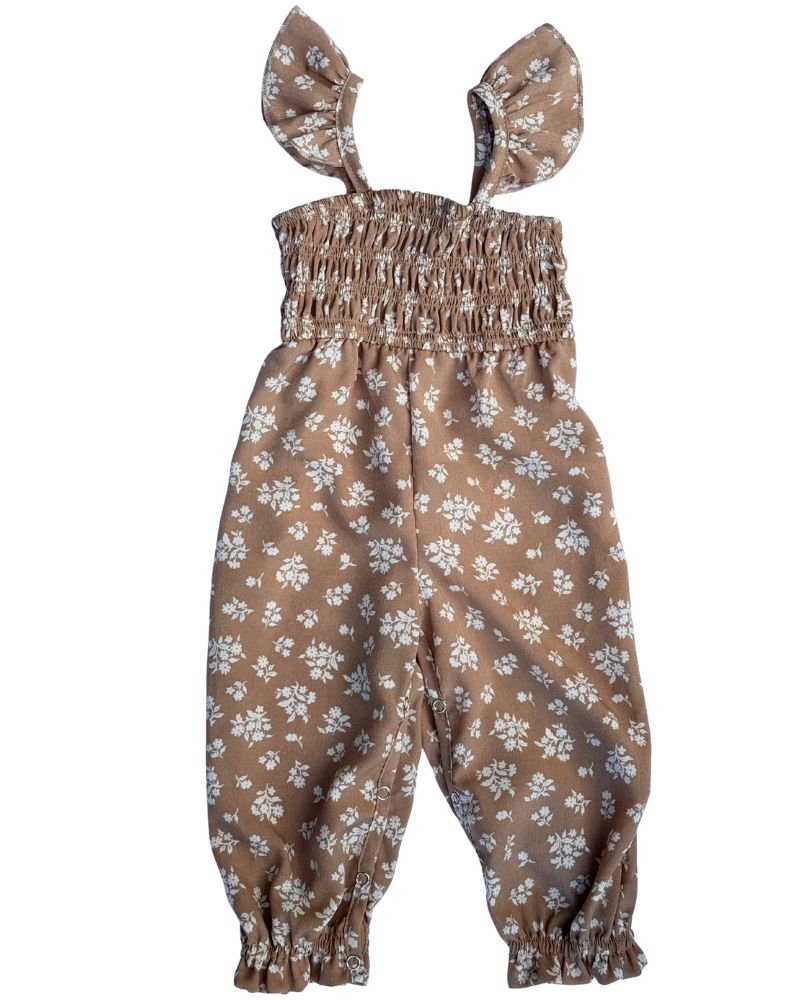 Paisley Smocked Ruffle Jumpsuit - Light Khaki Floral