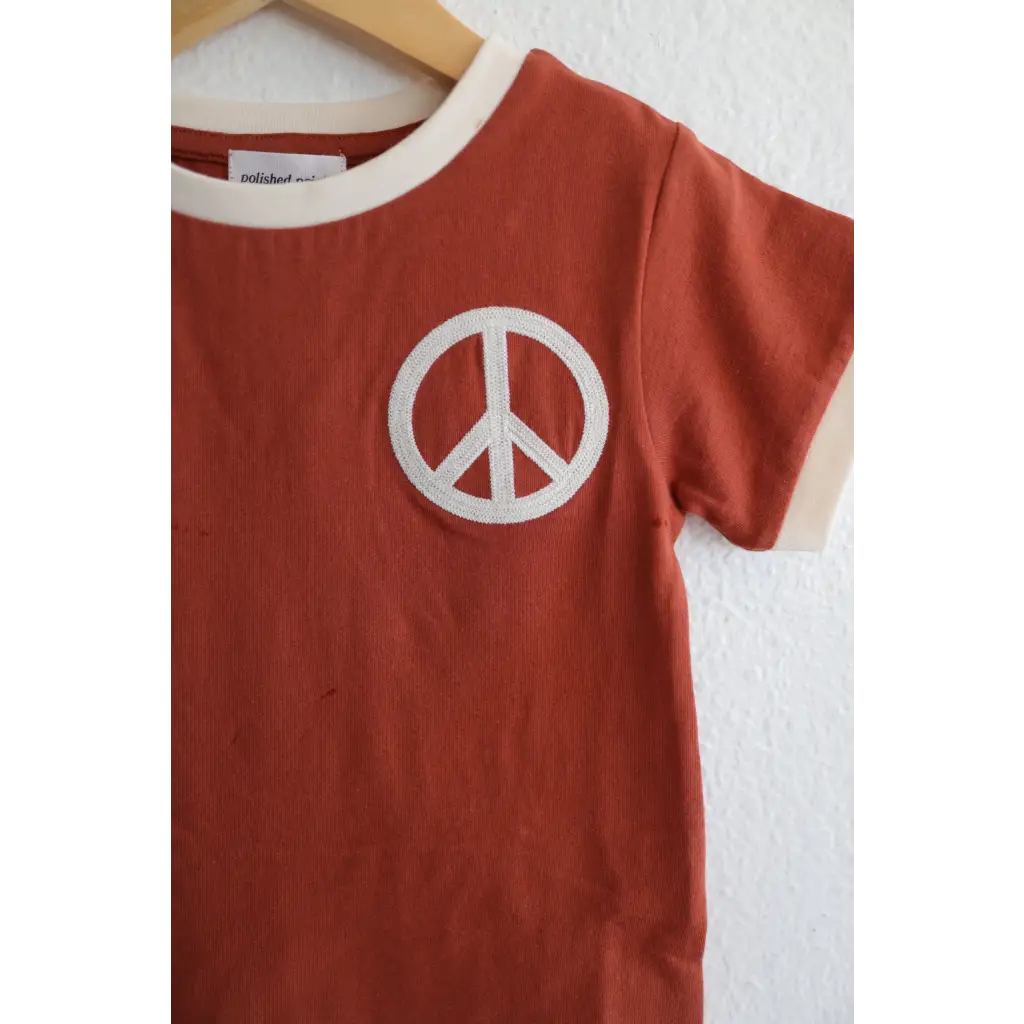 Peace Embroidered Ringer in Auburn