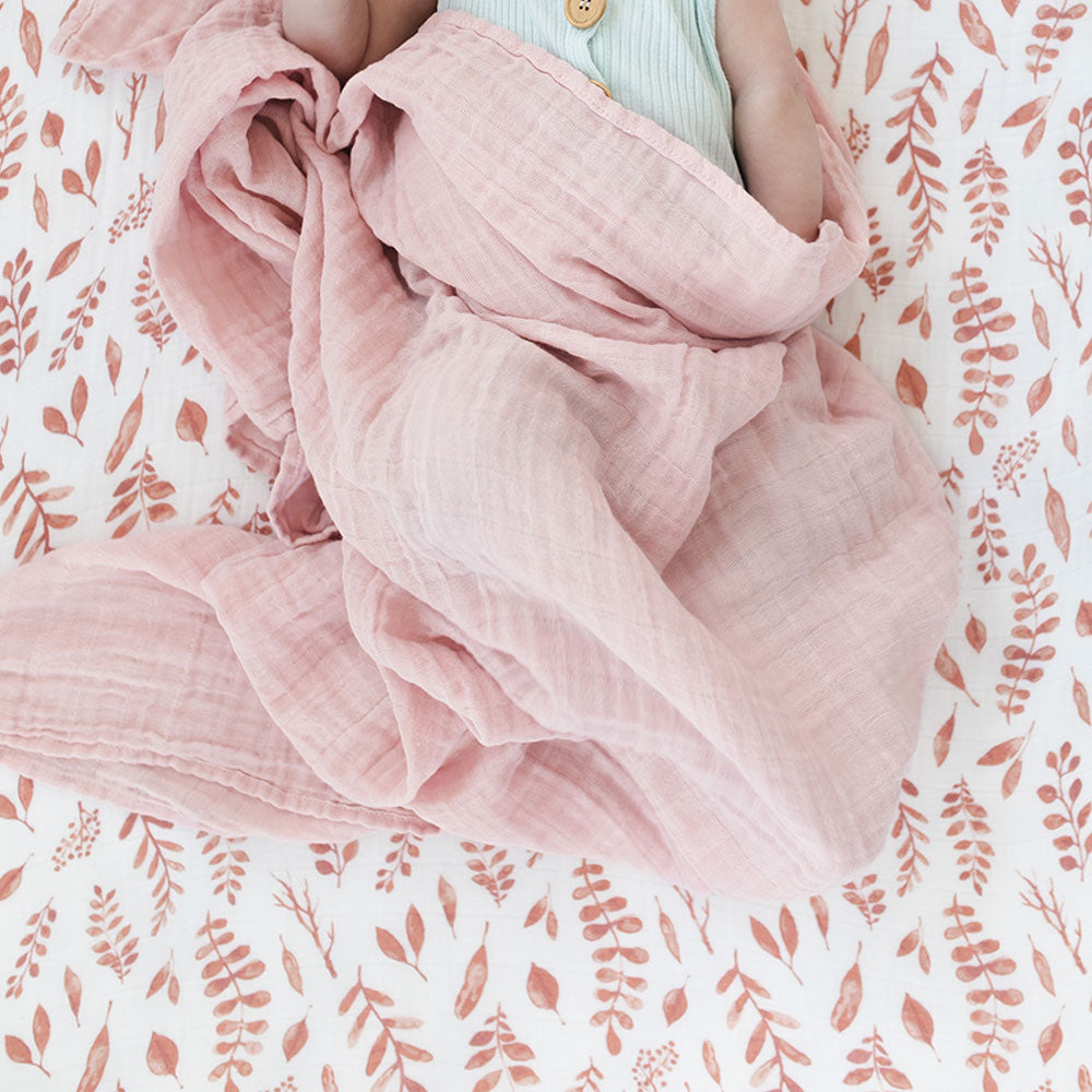 Muslin Swaddle Blanket Set Premium Cotton Pink Leaves + Cotton Candy Swaddle Blanket Bebe au Lait   