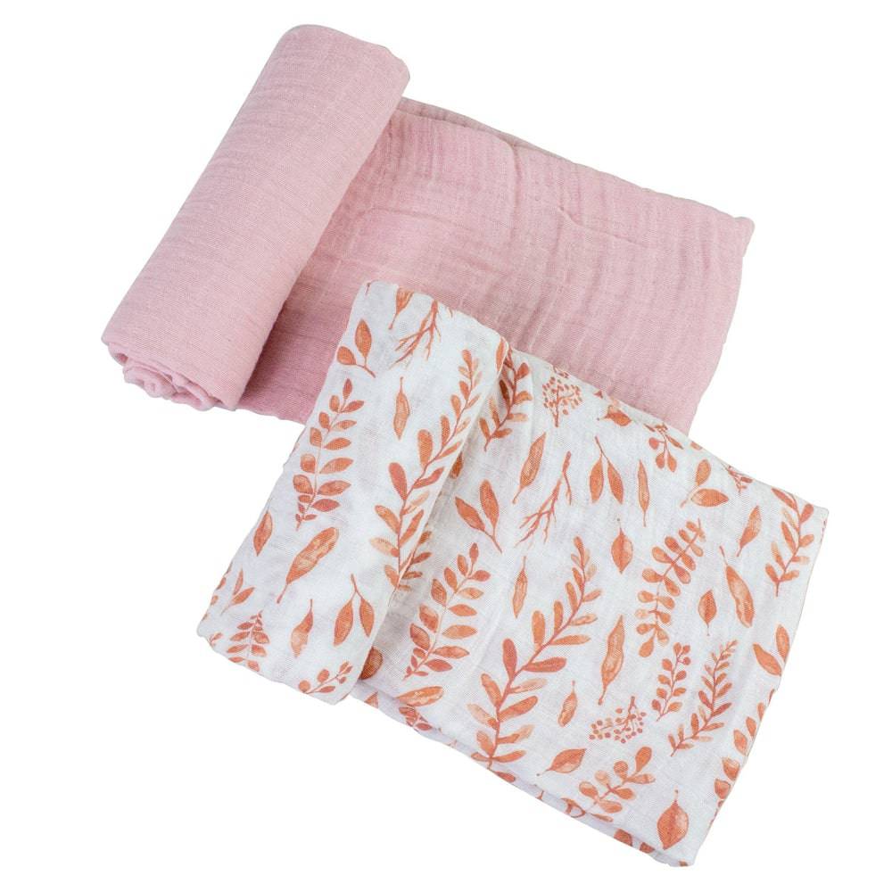 Muslin Swaddle Blanket Set Premium Cotton Pink Leaves + Cotton Candy Swaddle Blanket Bebe au Lait   