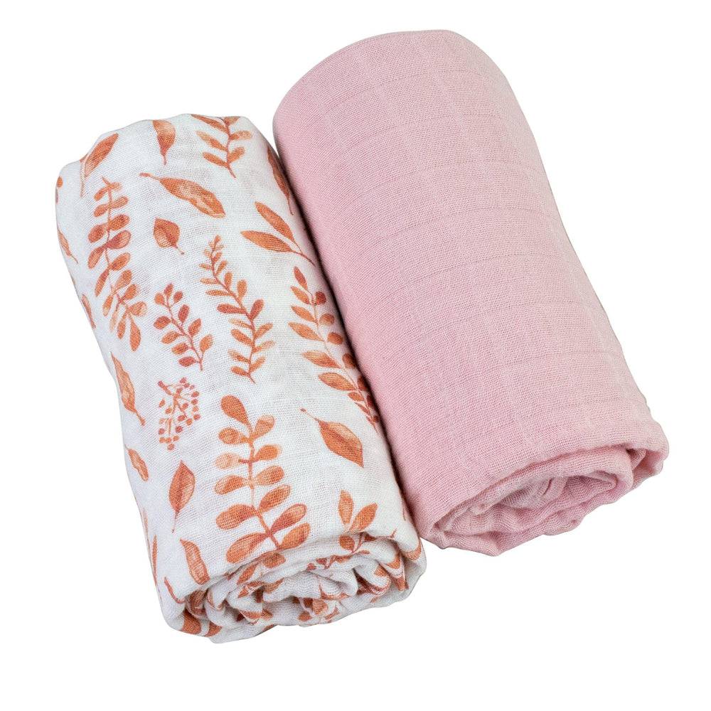 Muslin Swaddle Blanket Set Premium Cotton Pink Leaves + Cotton Candy Swaddle Blanket Bebe au Lait   