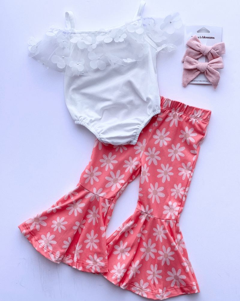 Keely Exaggerated Bell Bottoms - Coral with Flowers