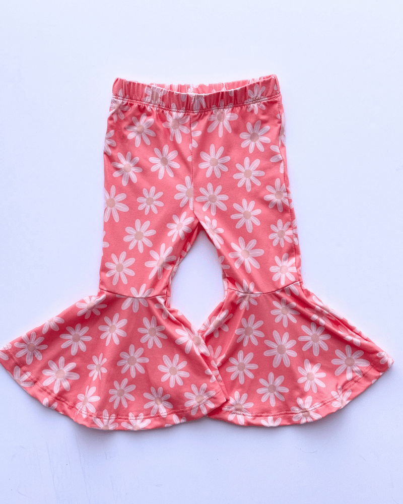 Keely Exaggerated Bell Bottoms - Coral with Flowers