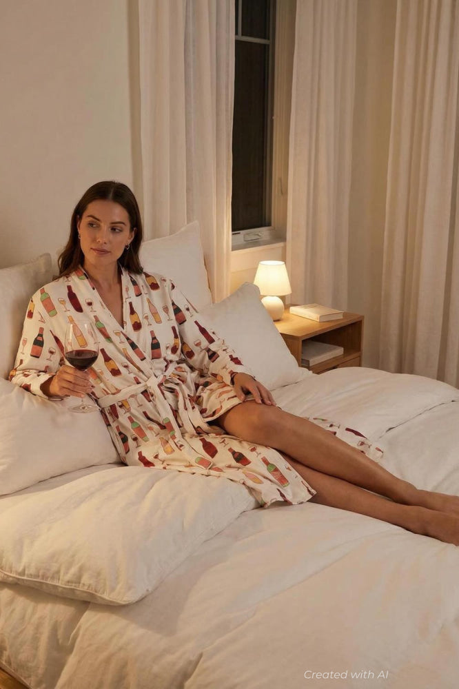 Printed Organic Lounge Robe - Wine Night