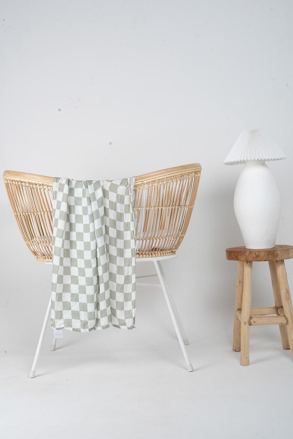 Bamboo Muslin Swaddle Blanket - Checkerboard Green