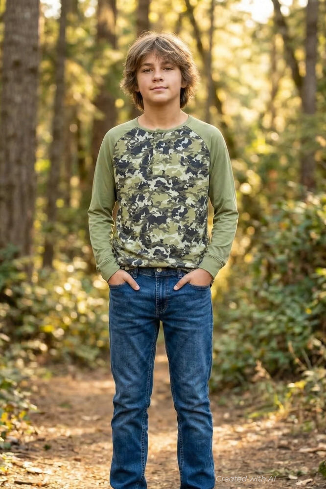 Raglan Henley - Green Camo
