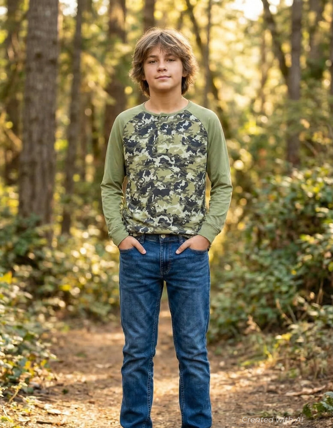 Raglan Henley - Green Camo