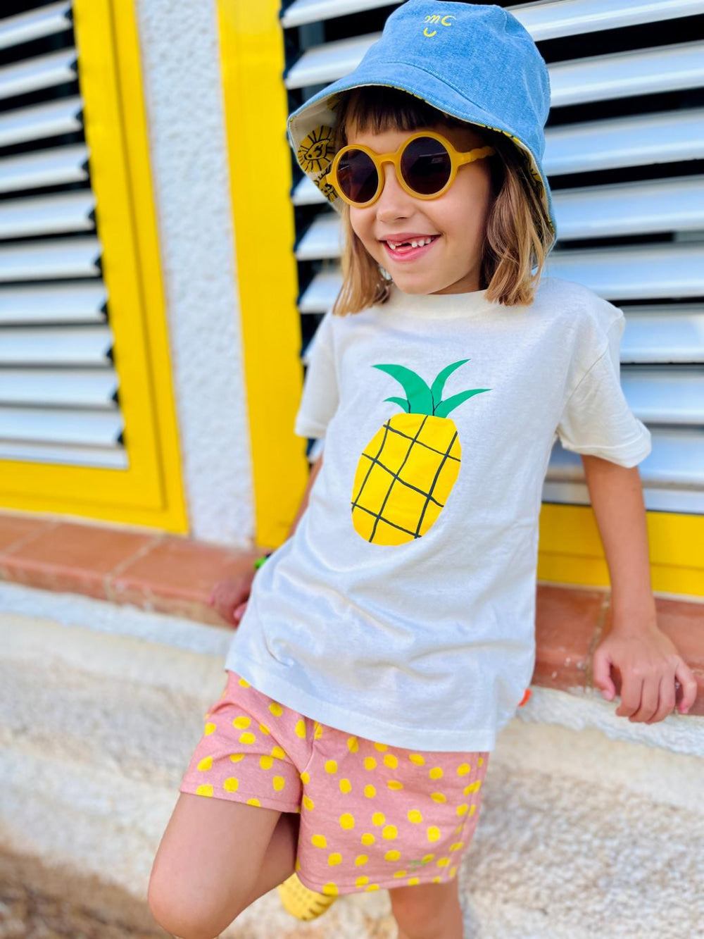 Recycled Cotton Pink Dotted Cropped Girl Shorts - Misty Rose/cyber Yellow - FINAL SALE