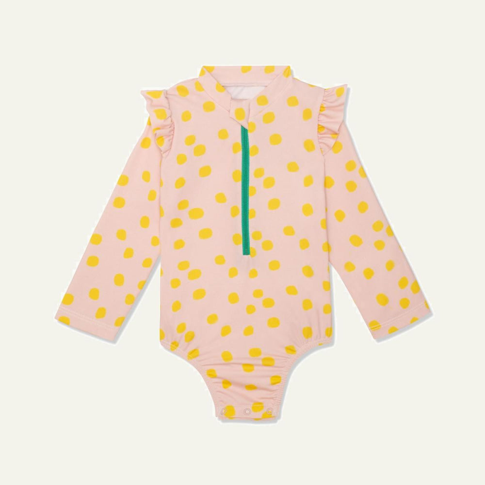 Recycled Polyester Sepia Dotted Zipped Kid Rashguard - Sepia/cyber Yellow