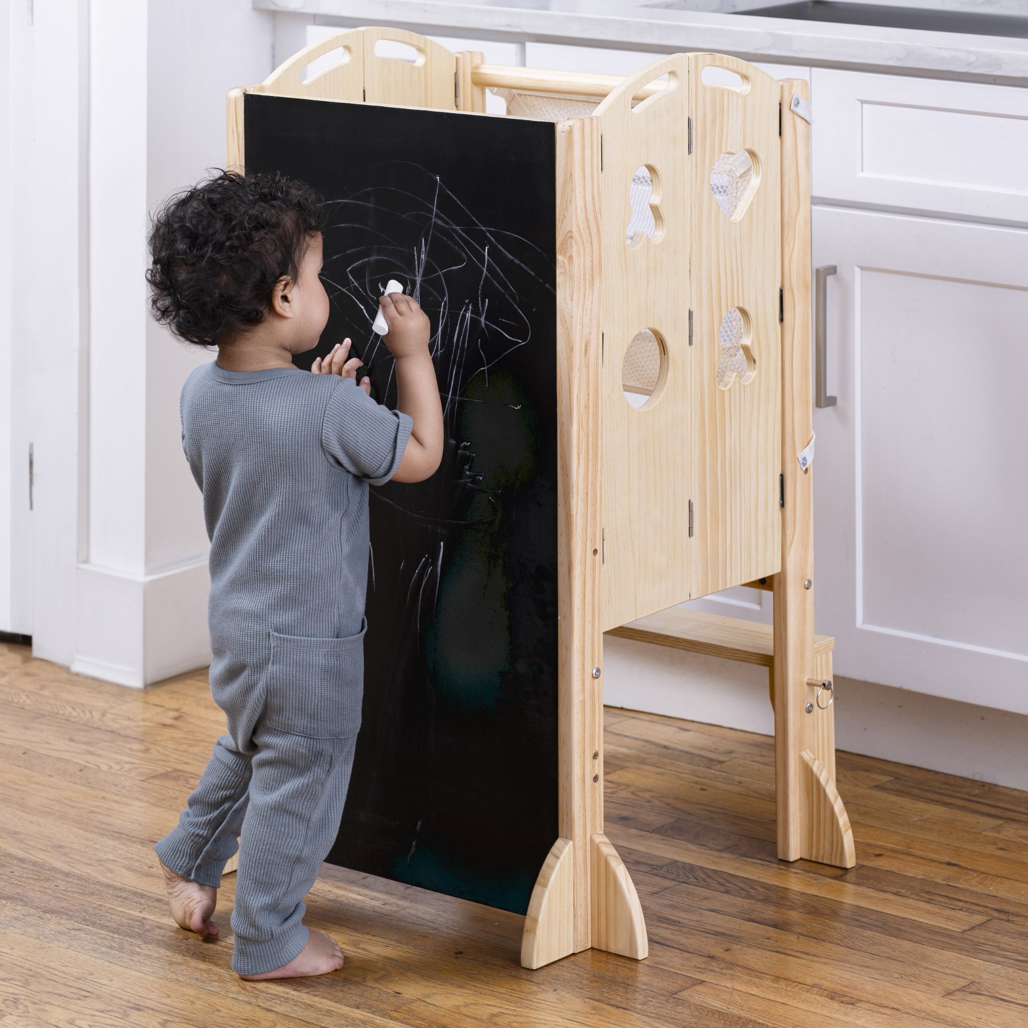 Laurel - 4 in 1 Foldable Kitchen Tower, Step Stool, Chalkboard and Slide Indoor Avenlur.com   