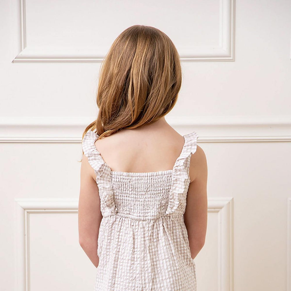 Ruffle Neck Organic Jumpsuit - Taupe Gingham Seersucker