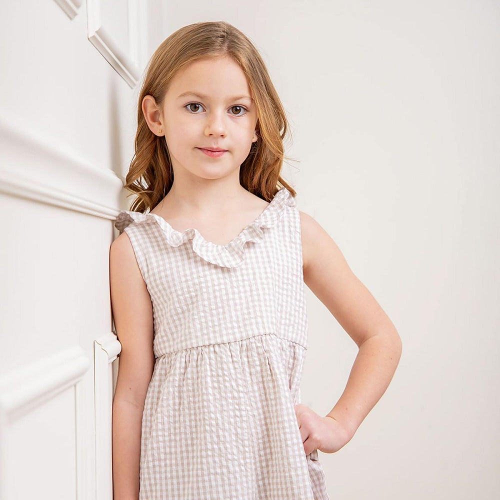 Ruffle Neck Organic Jumpsuit - Taupe Gingham Seersucker