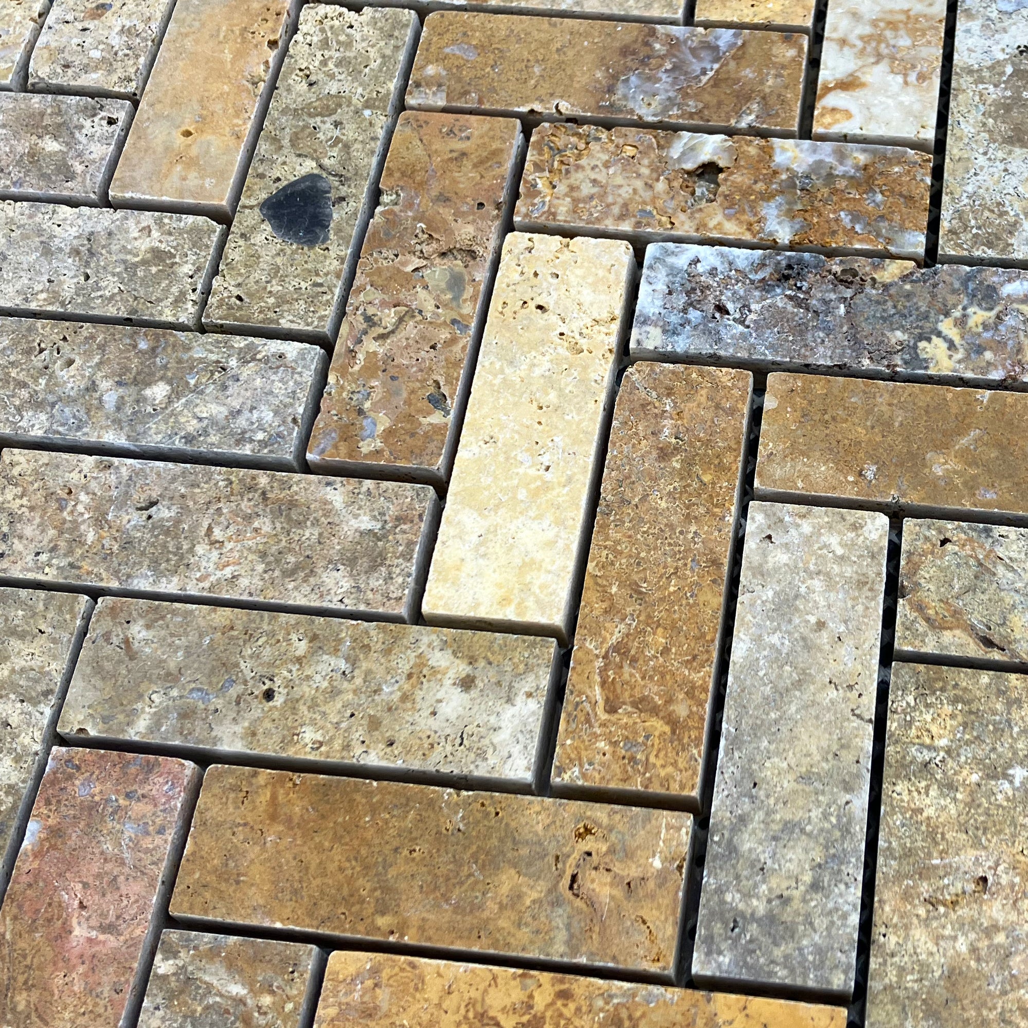 Scabos Travertine 1"x3" Herringbone on 12" x 12" Mesh Mosaic Tile - Belair Collection
