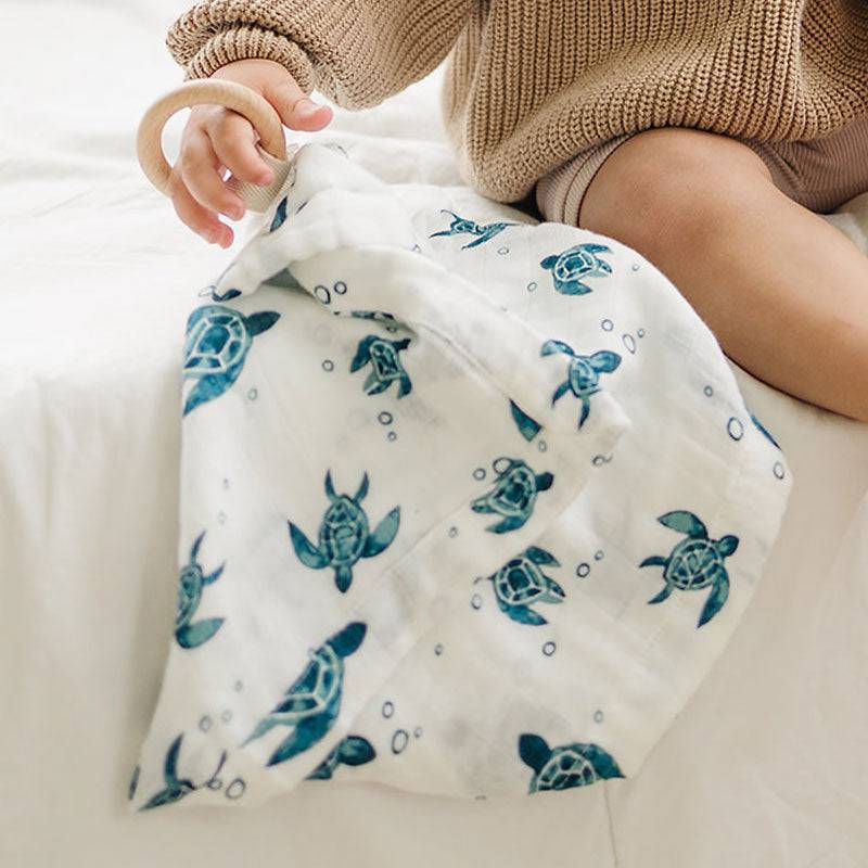 Sea Turtles Oh So Soft Muslin Teether Blanket Teether Blanket Bebe au Lait   