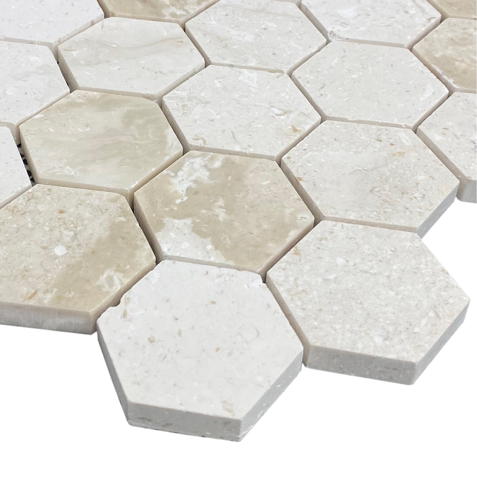 Shell Stone Limestone 2" Hexagon Honed on 12" x 12" Mesh Mosaic Tile - Belair Collection