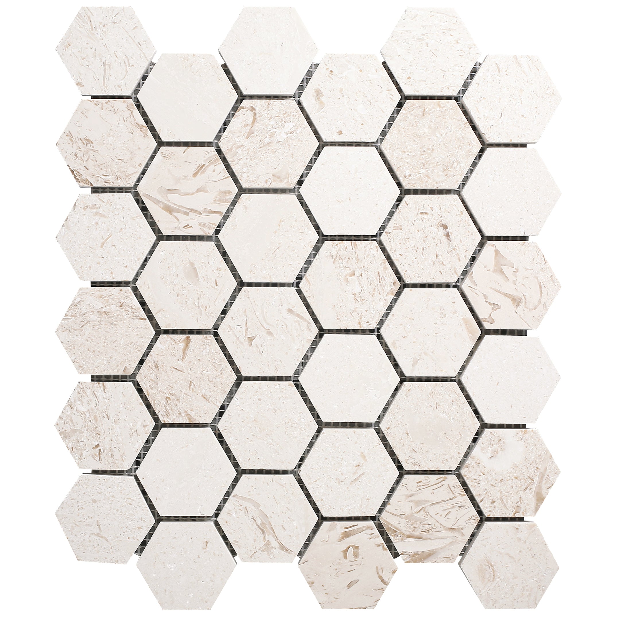 Shell Stone Limestone 2" Hexagon Honed on 12" x 12" Mesh Mosaic Tile - Belair Collection