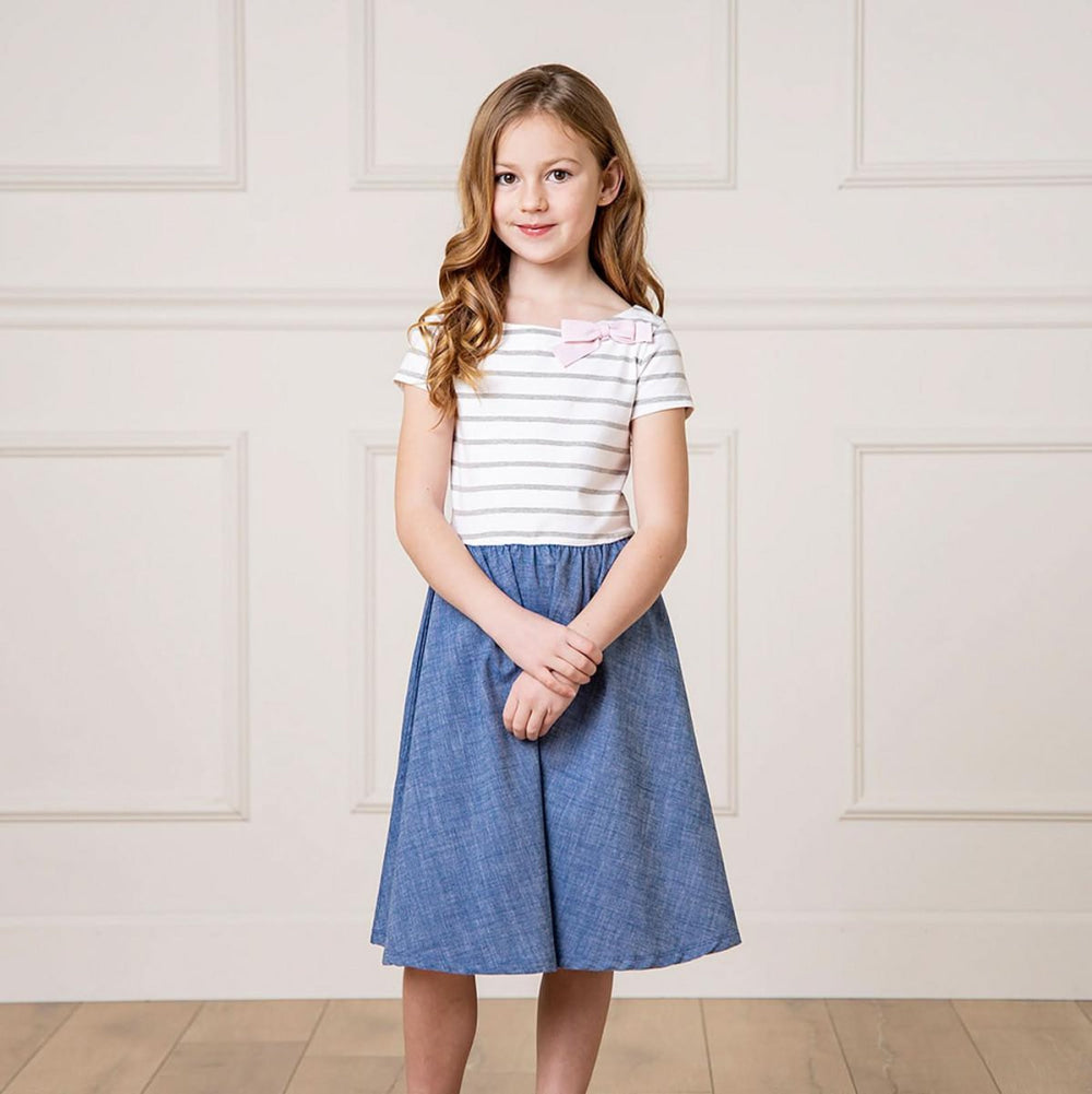 Short Sleeve Organic Knit Skater Dress - White and Gray Stripe