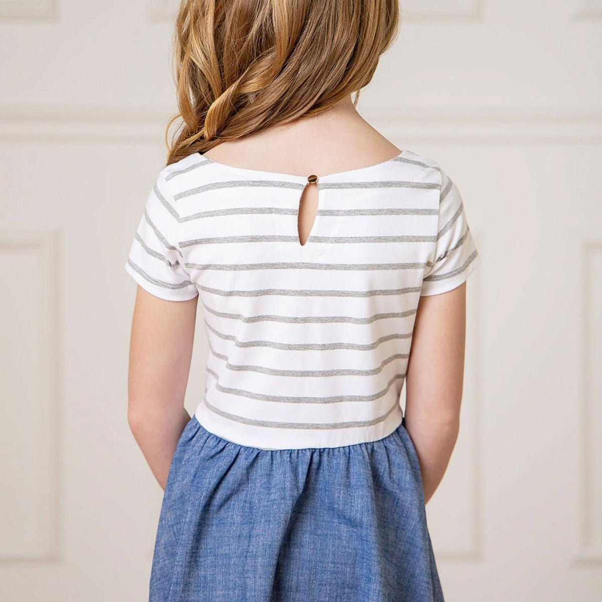 Short Sleeve Organic Knit Skater Dress - White and Gray Stripe