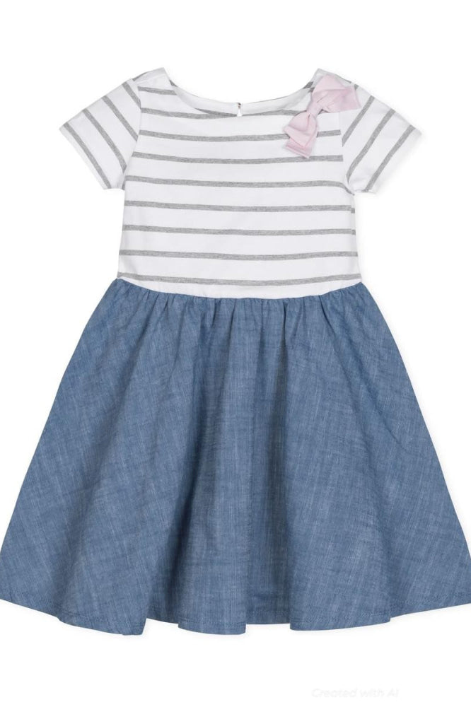 Short Sleeve Organic Knit Skater Dress - White and Gray Stripe