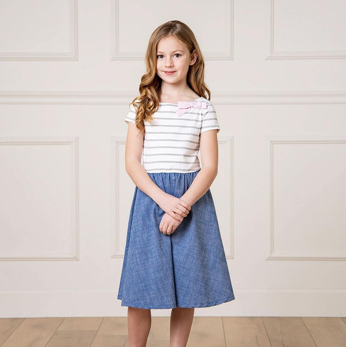 Short Sleeve Organic Knit Skater Dress - White and Gray Stripe