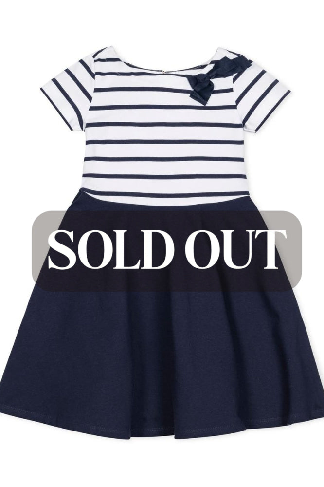 Short Sleeve Organic Knit Skater Dress - White and Navy Stripe
