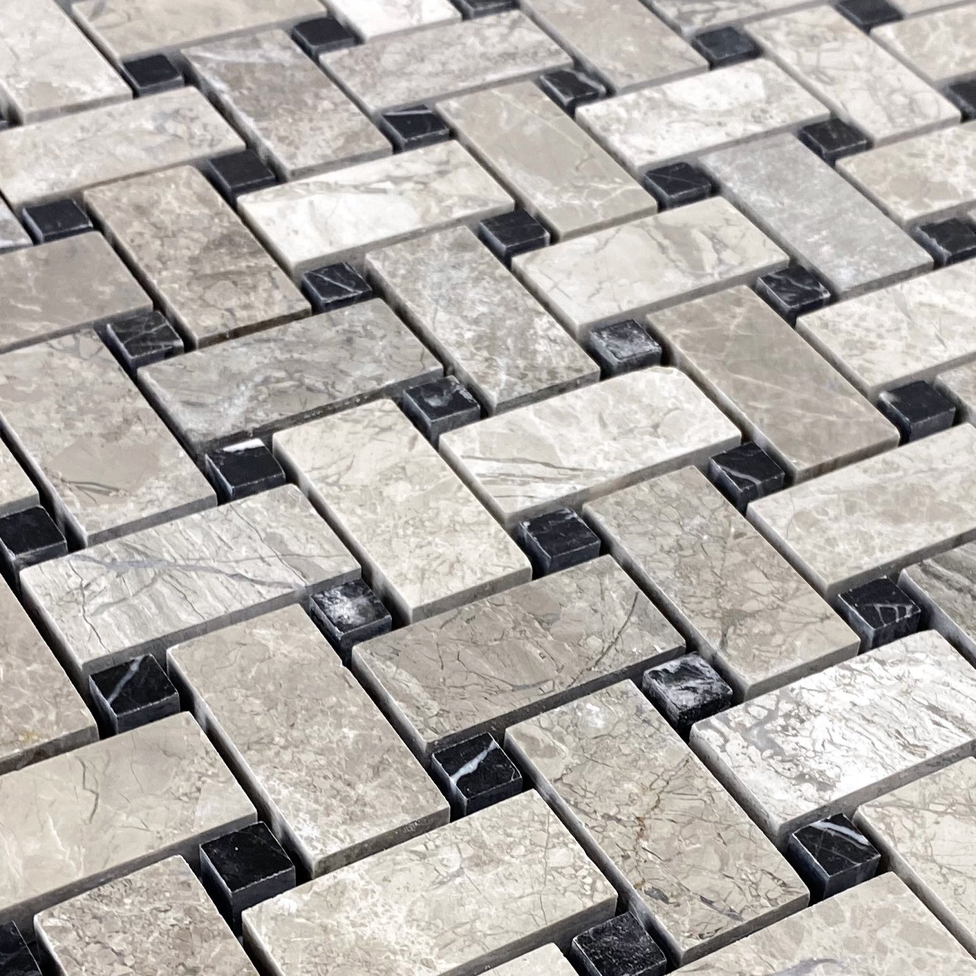 Silver Shadow Marble Basketweave Design on 12" x 12" Mesh Mosaic Tile - Belair Collection