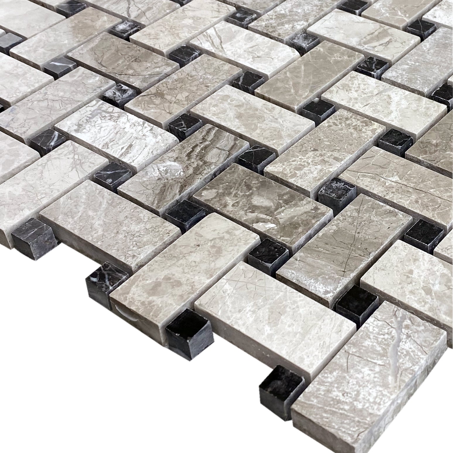 Silver Shadow Marble Basketweave Design on 12" x 12" Mesh Mosaic Tile - Belair Collection