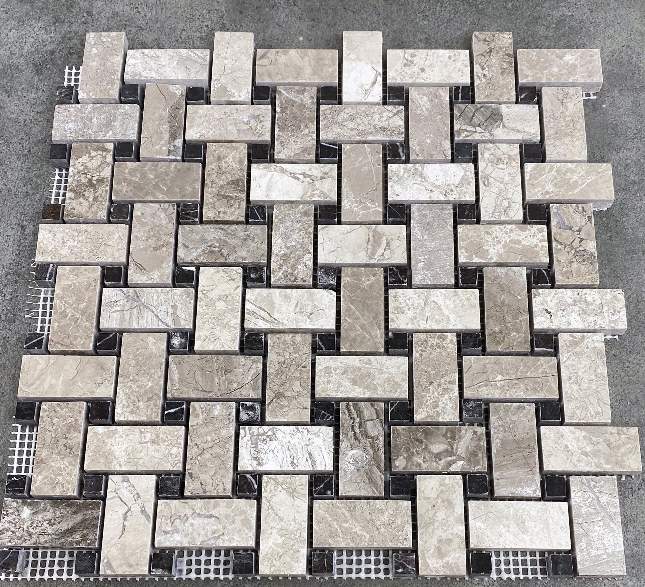 Silver Shadow Marble Basketweave Design on 12" x 12" Mesh Mosaic Tile - Belair Collection