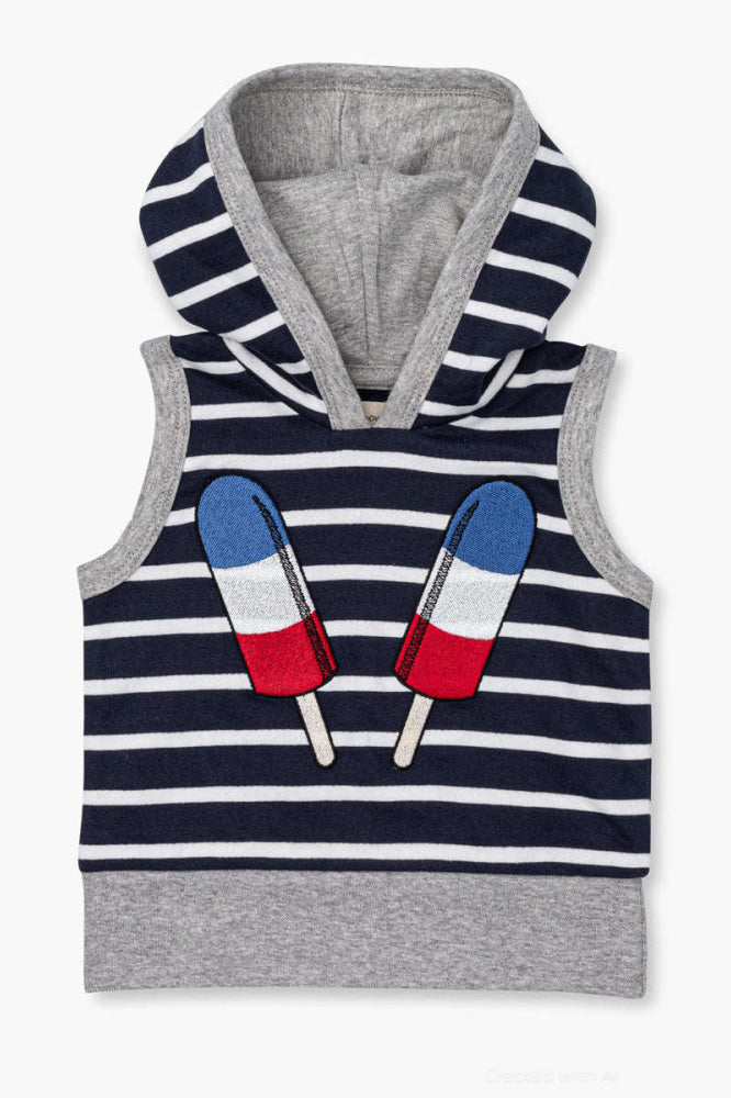 Sleeveless Hoodie - Ice Pops on Navy + White Stripe