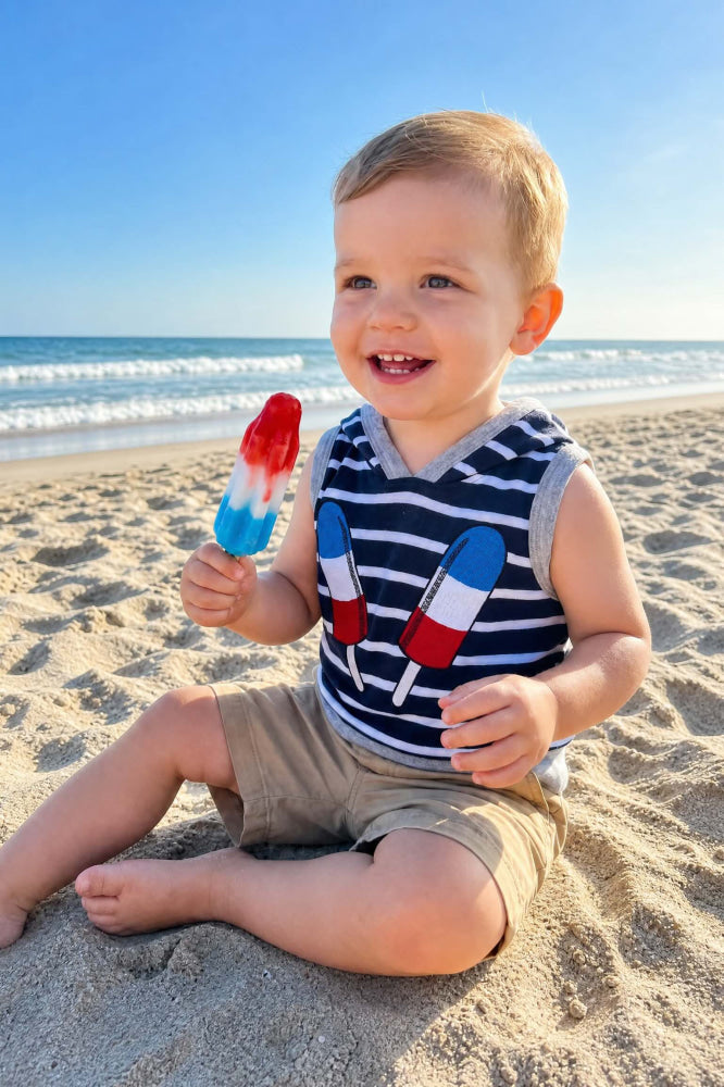 Sleeveless Hoodie - Ice Pops on Navy + White Stripe