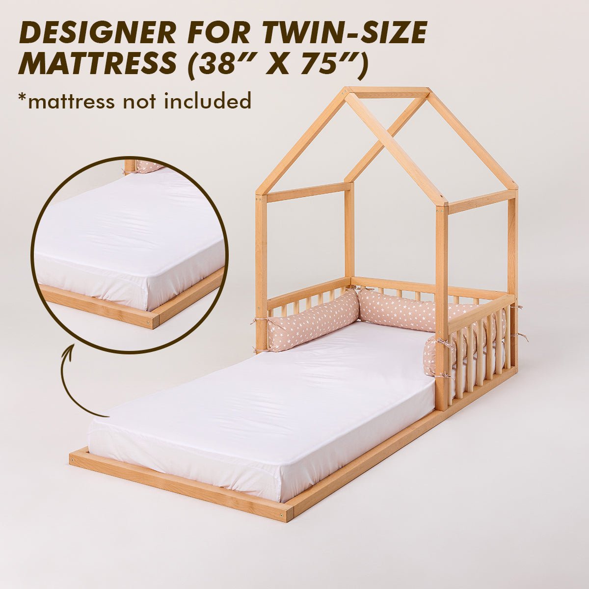 Small Wooden Montessori House Floor Bed with Fence and Roof for Kids (75x38 inch) Beds Goodevas   