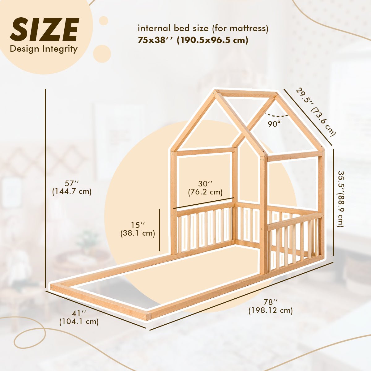 Small Wooden Montessori House Floor Bed with Fence and Roof for Kids (75x38 inch) Beds Goodevas   