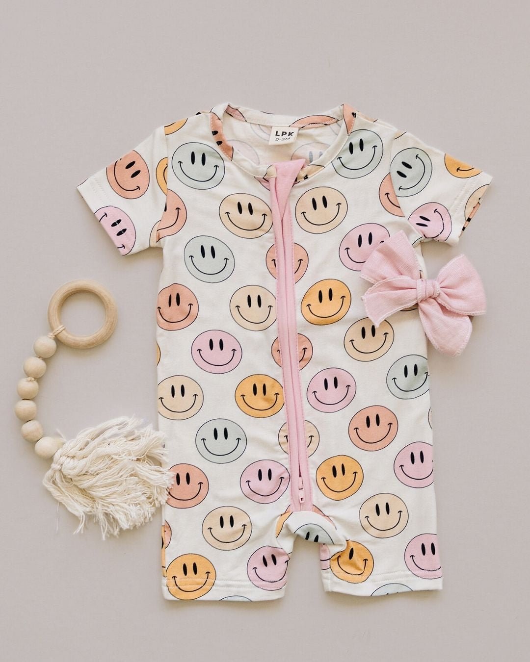 Smiley Bamboo Short Romper | Pink